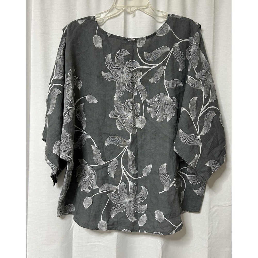 Bella Amore Size L/XL Gray Linen Floral Print Artsy Oversized Lagenlook Top - Picture 5 of 7